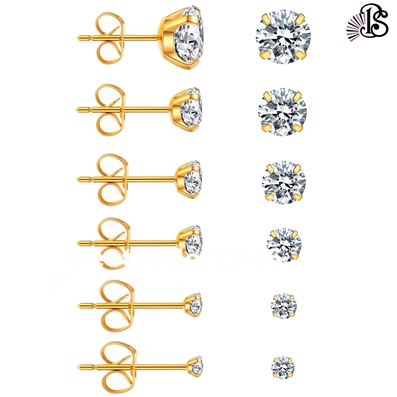 6 Pairs Stainless Steel Round Cubic Zirconia Stud Earrings Set for Men Women