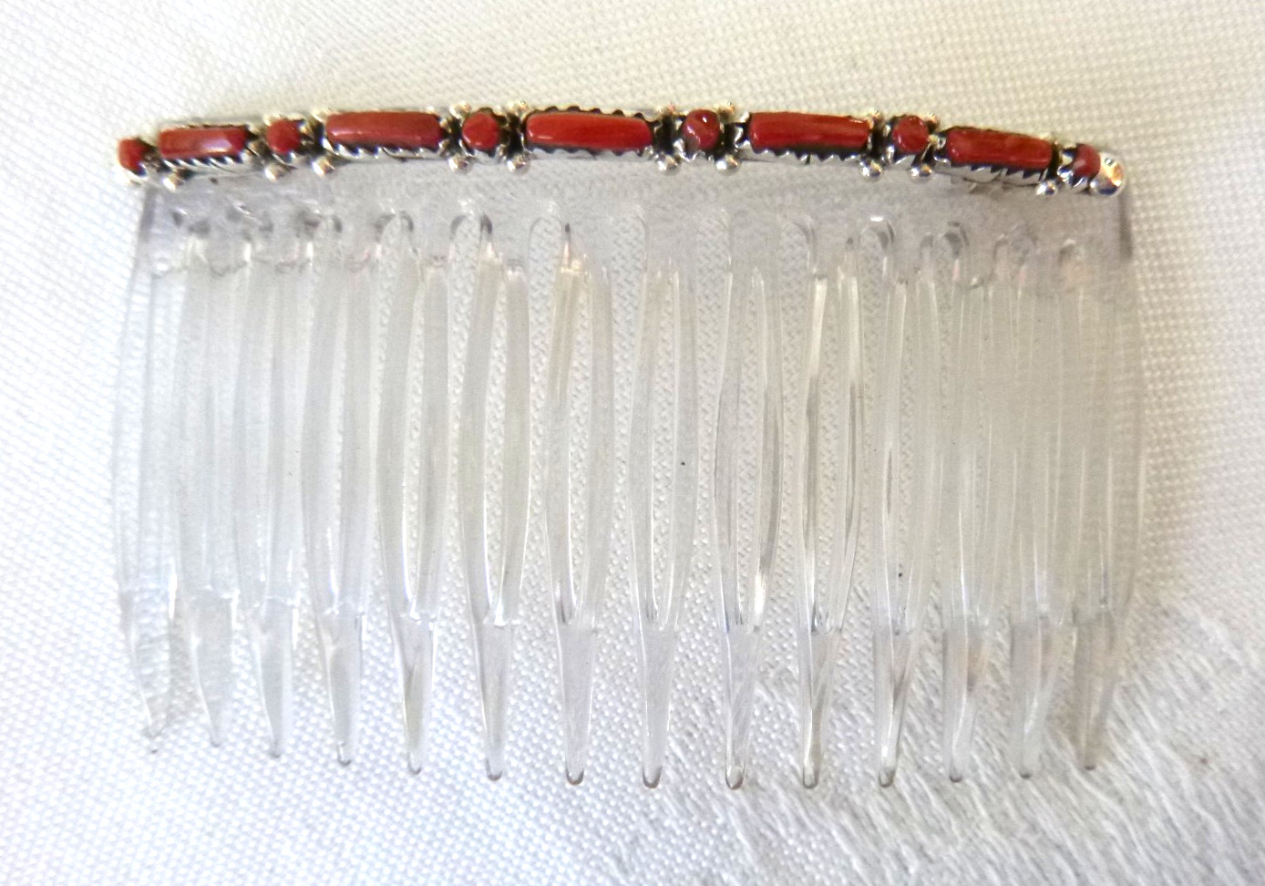 NEW Navajo Eric Wyaco Hair Comb Red Coral on Solid 925 Sterling Silver 2.75″