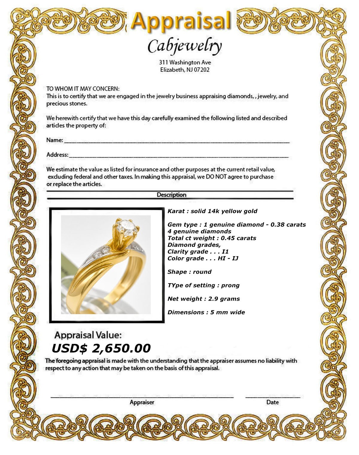 GENUINE 0.45 Cts DIAMOND ENGAGEMENT RING SOLID 14K GOLD – NWT – Free Appraisal