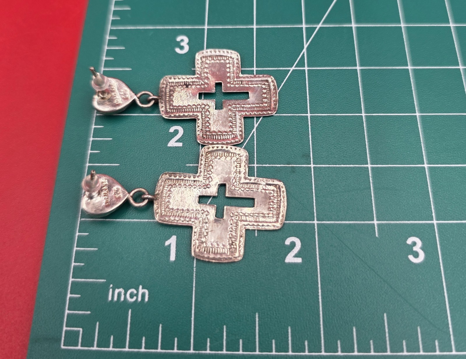 Sterling Silver Stamped Cross Pink Heart Dangle Earrings