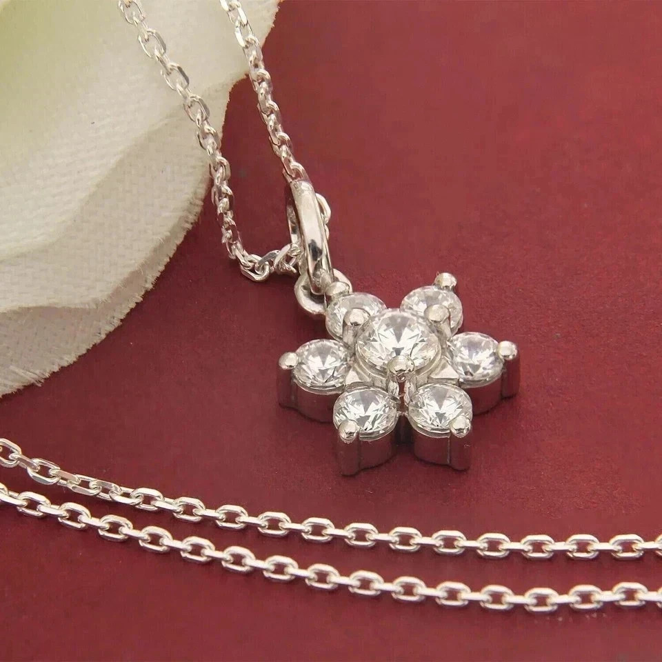 Dainty Flower Moissanite Pendant Necklace 14k White Gold Plated Gift for Women