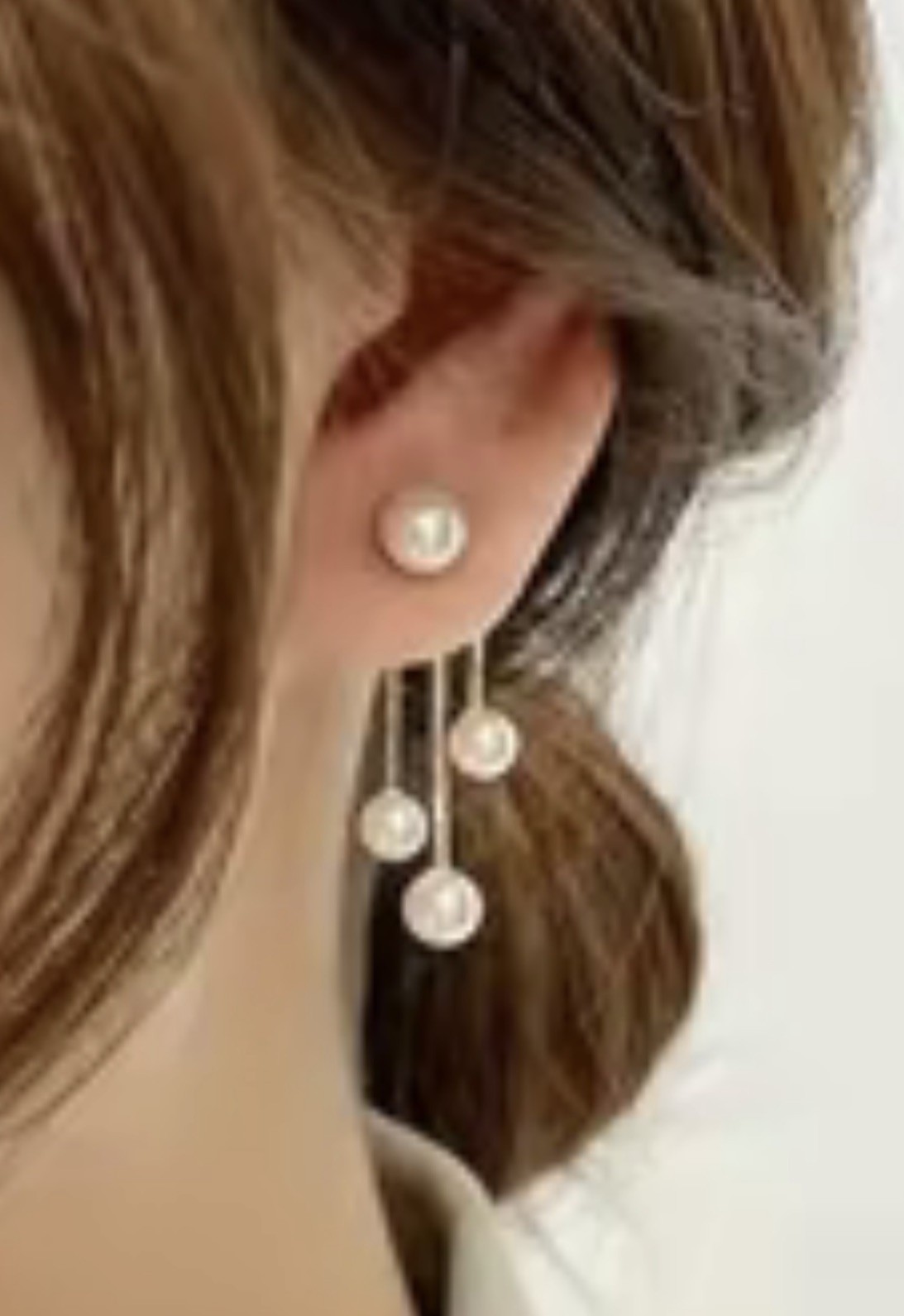 Earrings Pearl Stud with Three Dangling Pearls in Back Unique Pretty Casual Work
