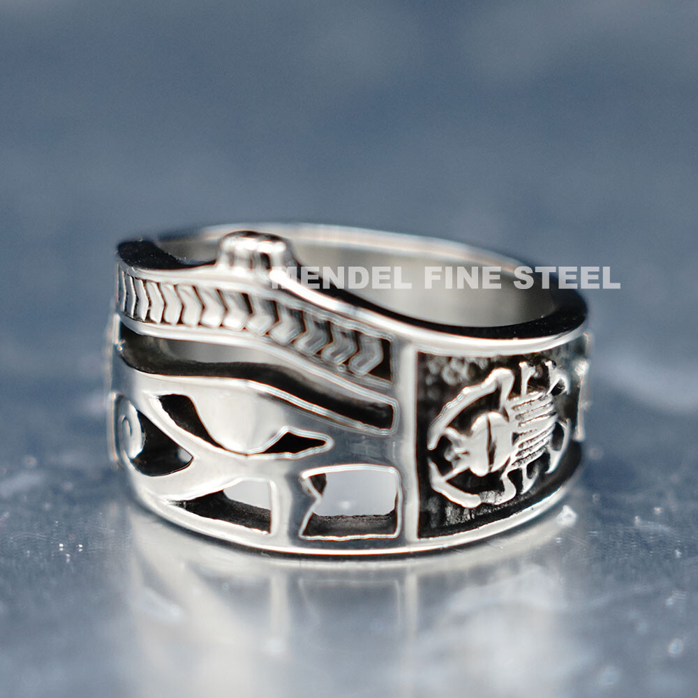 MENDEL Mens Egyptian Ankh Scarab Eye Of Horus Ra Ring Stainless Steel Size 6-15