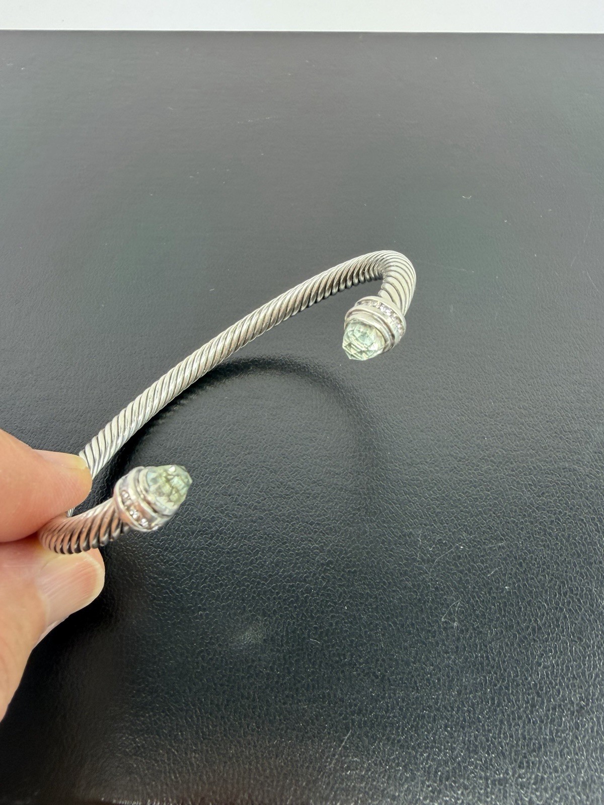 David Yurman Sterling Silver Prasiolite & Diamond Cable Cuff Bracelet 5 mm 6.5″