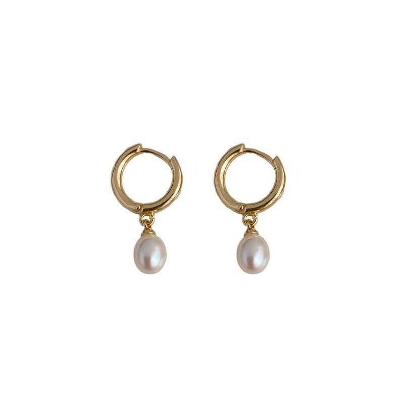 Woman 18K Gold Plated Freshwater Pearl Earring Clip Hoop Huggie Drop Dangle