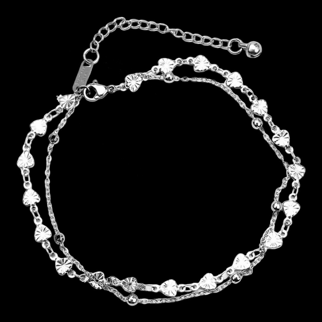 Anklet Ankle Double 2 Chain Bracelet Heart Links Beaded 304 Stainless Steel