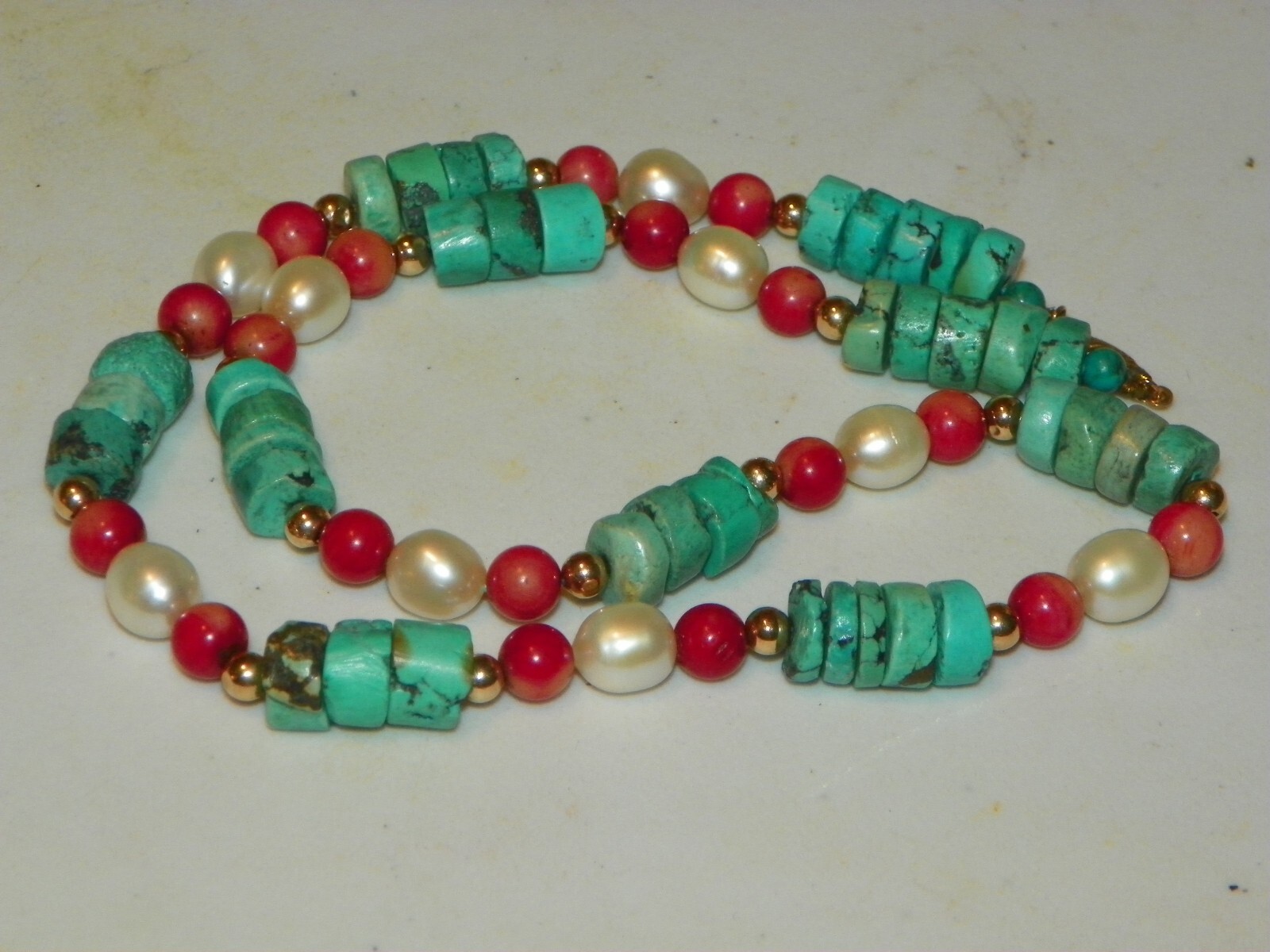 Vintage Turquoise Coral Pearl 14k Gold Clasp Strand Necklace-18 1/2″ long-WOW!