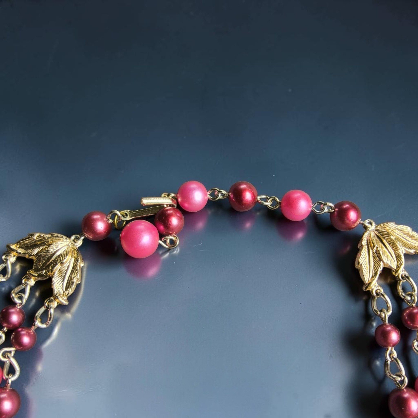 Vintage Japan 3 Strand Pink Plum Glass Bead Necklace Satin Gold Tone 14″-17″