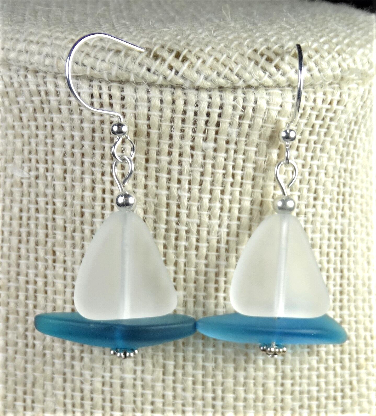 Frosted CRYSTAL SAIL Beach glass nautical jewelry TEAL hull handmade earrings