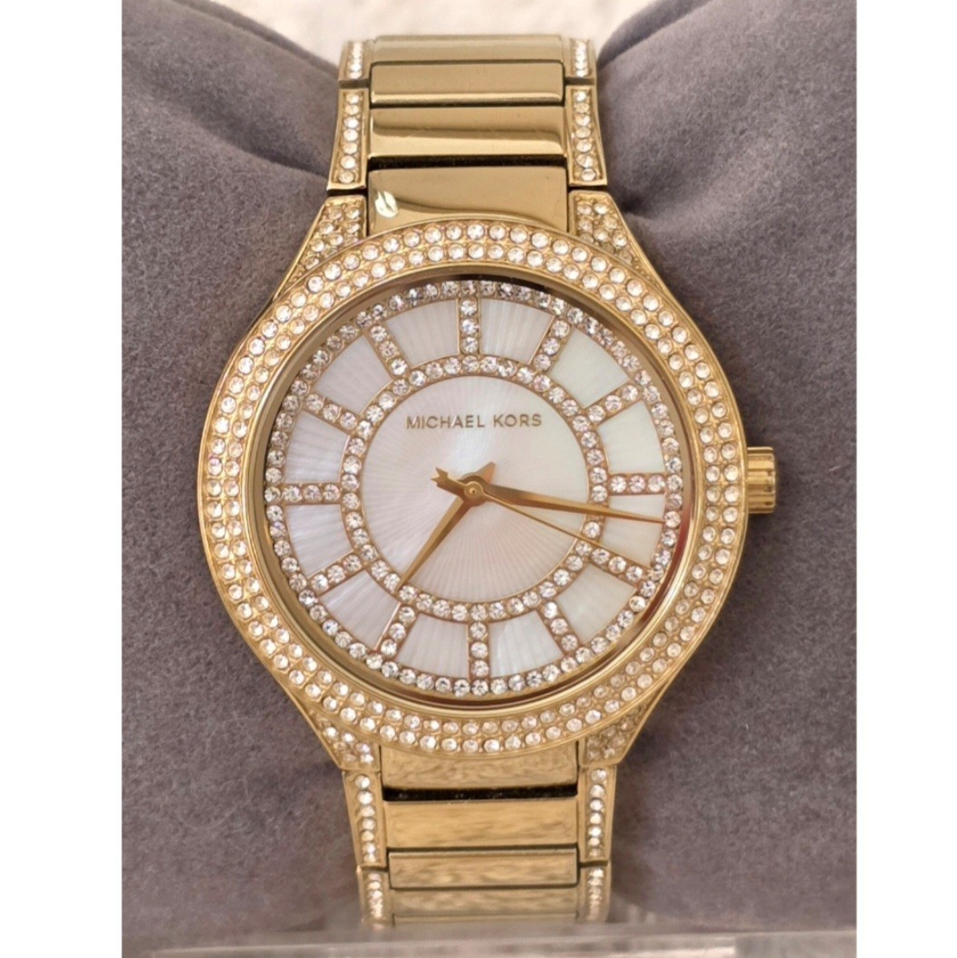 Michael Kors Gold Tone Crystal Pave Mother of Pearl MK Bracelet Watch