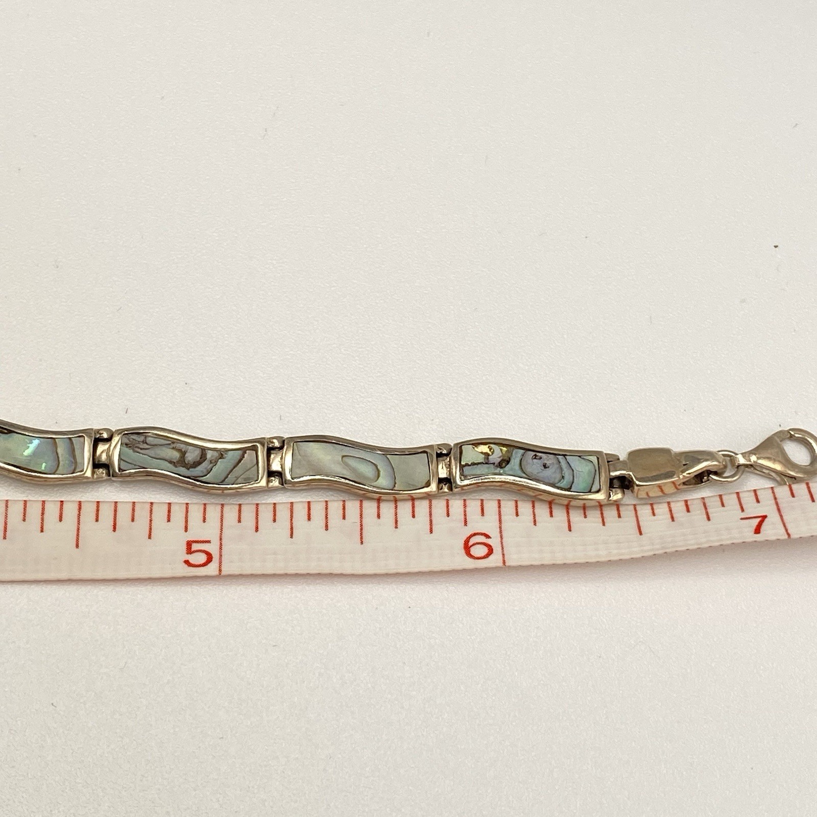 925 Sterling Silver Bracelet Blue Green Abalone Shell Inlay Wavy Link Vtg 7.25”