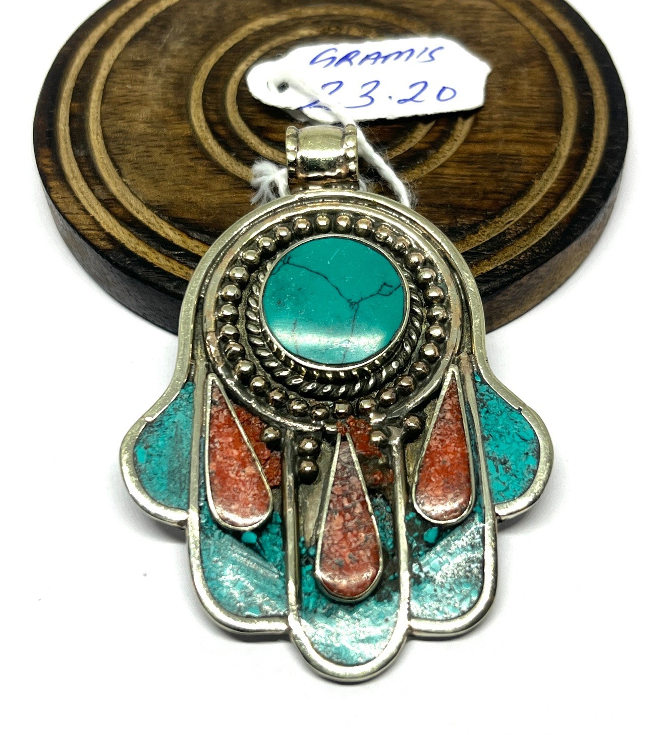Tibetan Turquoise Coral Gemstone Buddhist Prayer Pendant Jewelry, 2.5 inch