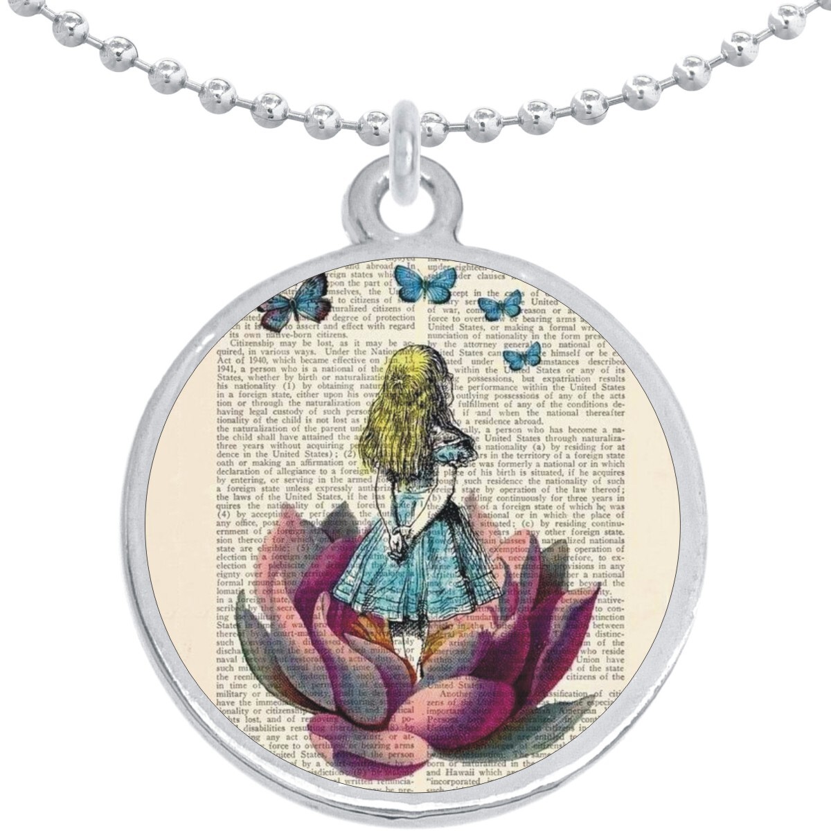 Alice in Wonderland Book Round Pendant Necklace Beautiful Fashion Jewelry