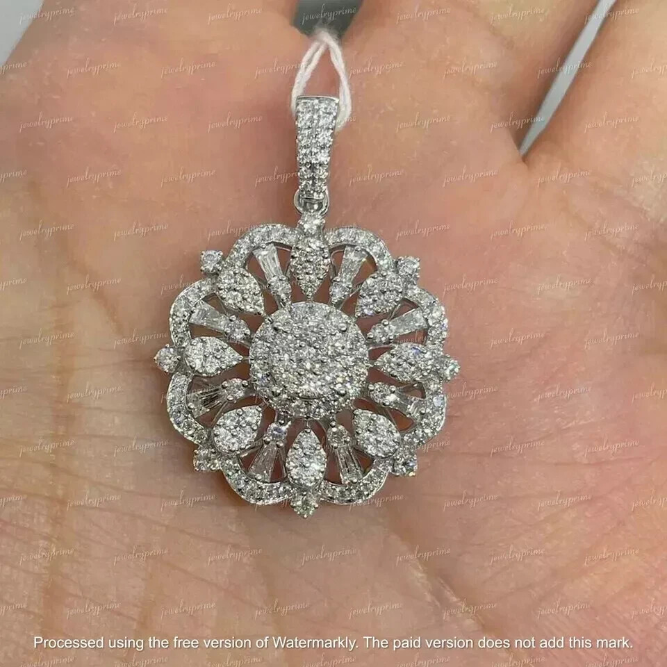 3 Ct Round Cut Lab Created Diamond 14K White Gold Plated Cluster Flower Pendant