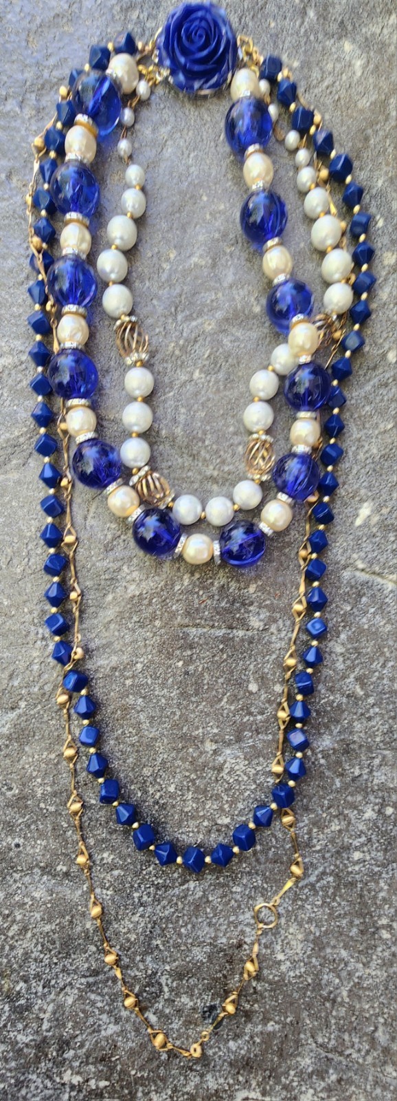 Vintage Upcycled 4 Strand Beaded Necklace. Blue An Gold