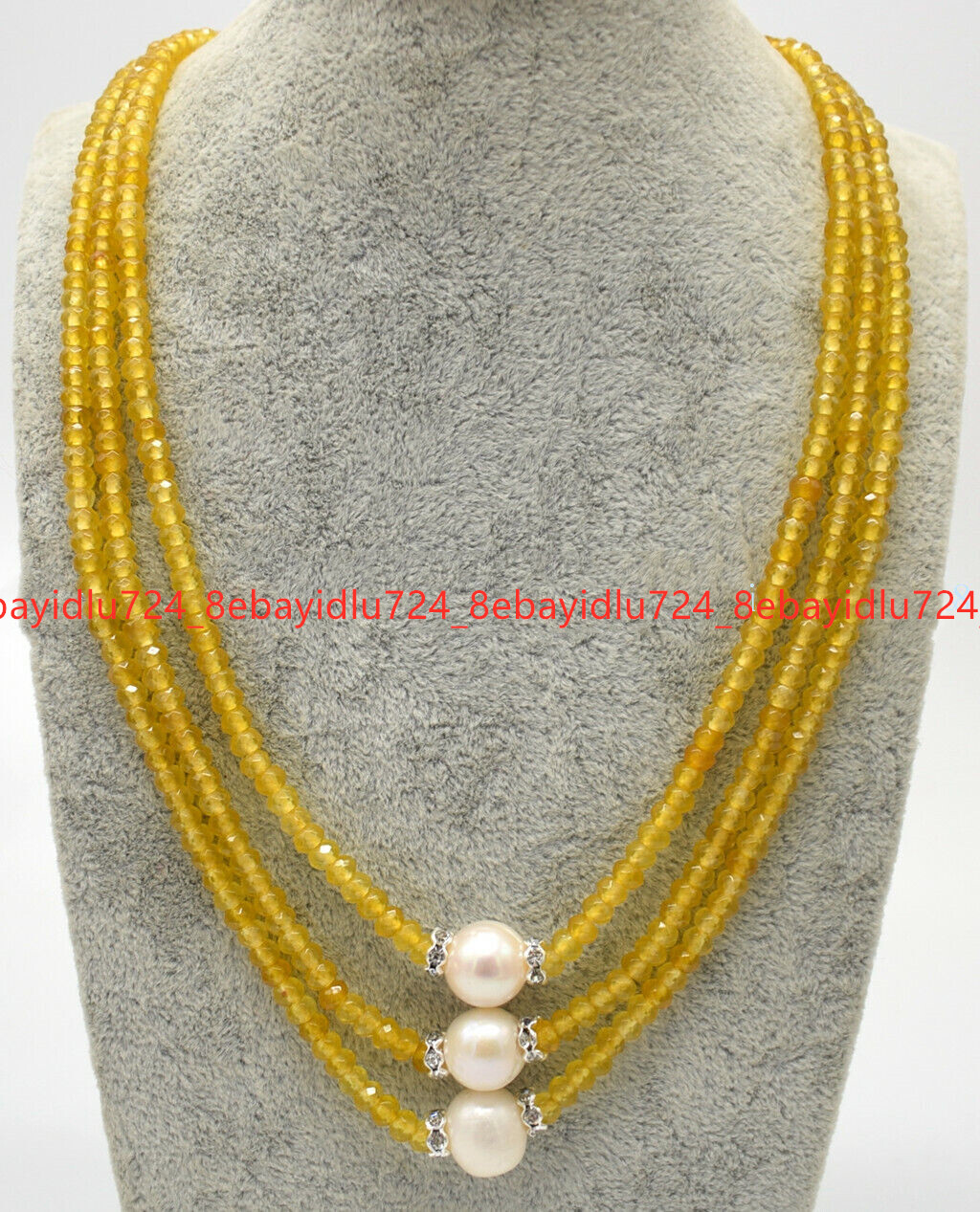 3 Rows Faceted 2x4mm Multicolor Gems & 8-9mm White Pearl Necklace 17-19 in