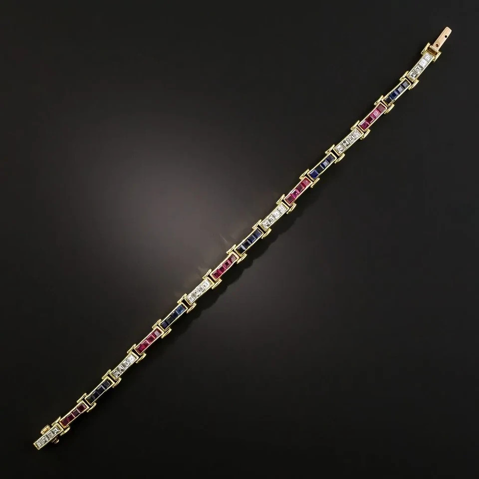9Ct Princess Blue Sapphire Ruby & Diamond Tennis Bracelet 14K Yellow Gold Plated