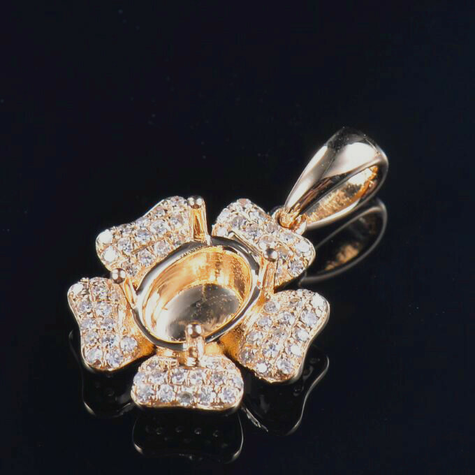 Oval Cut 7×5MM 14K Yellow Gold Natural Diamond Semi Mount Flower Pendant Setting