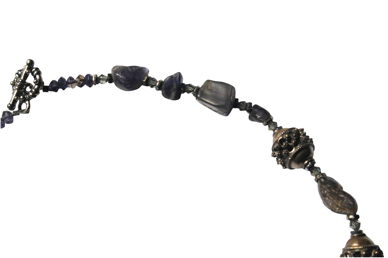 Silver Tone Carved Stone Fish Necklace Open Work Beaded Unique Koi Pisces Asian