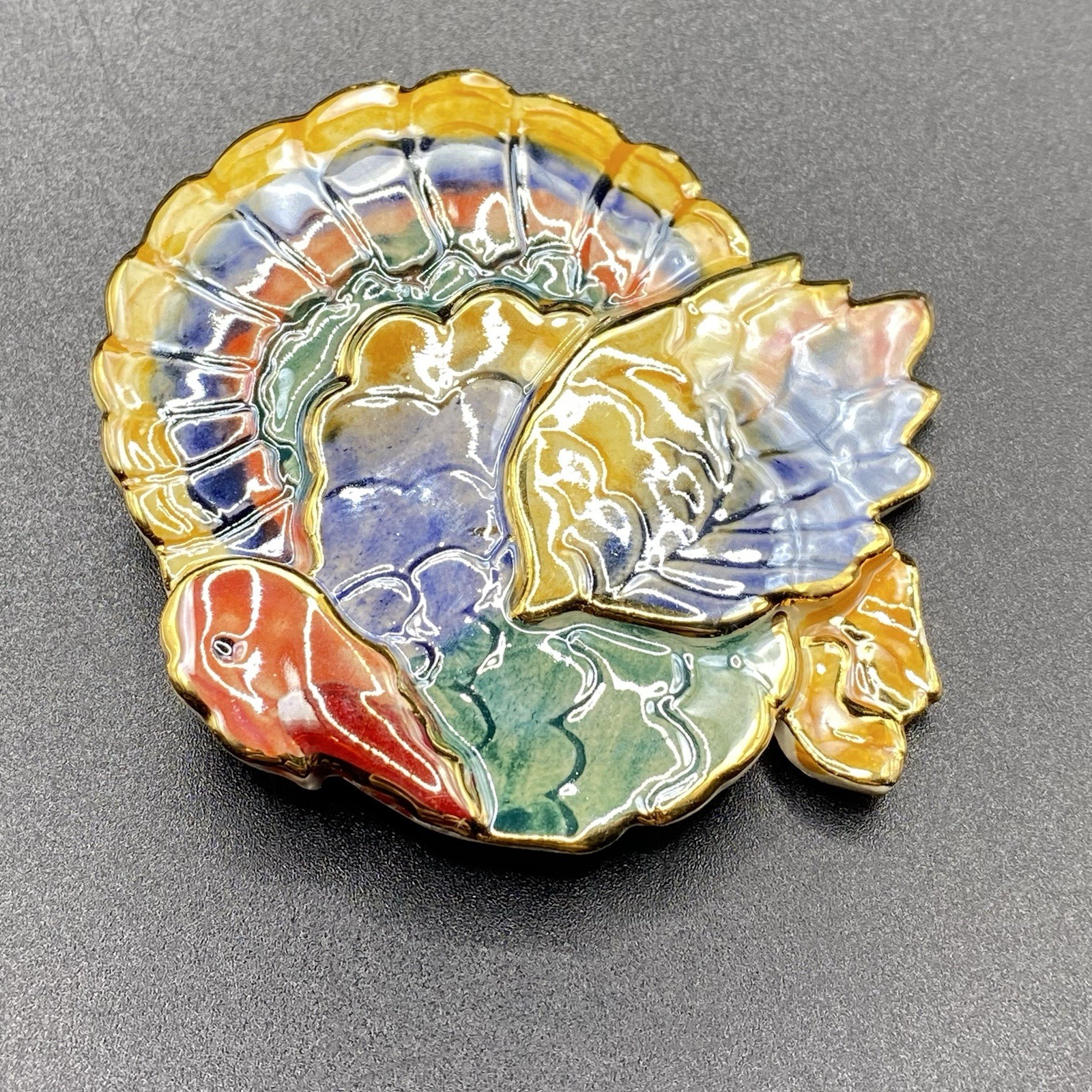 Large Handmade Thanksgiving Enamel Ceramic Turkey Brooch