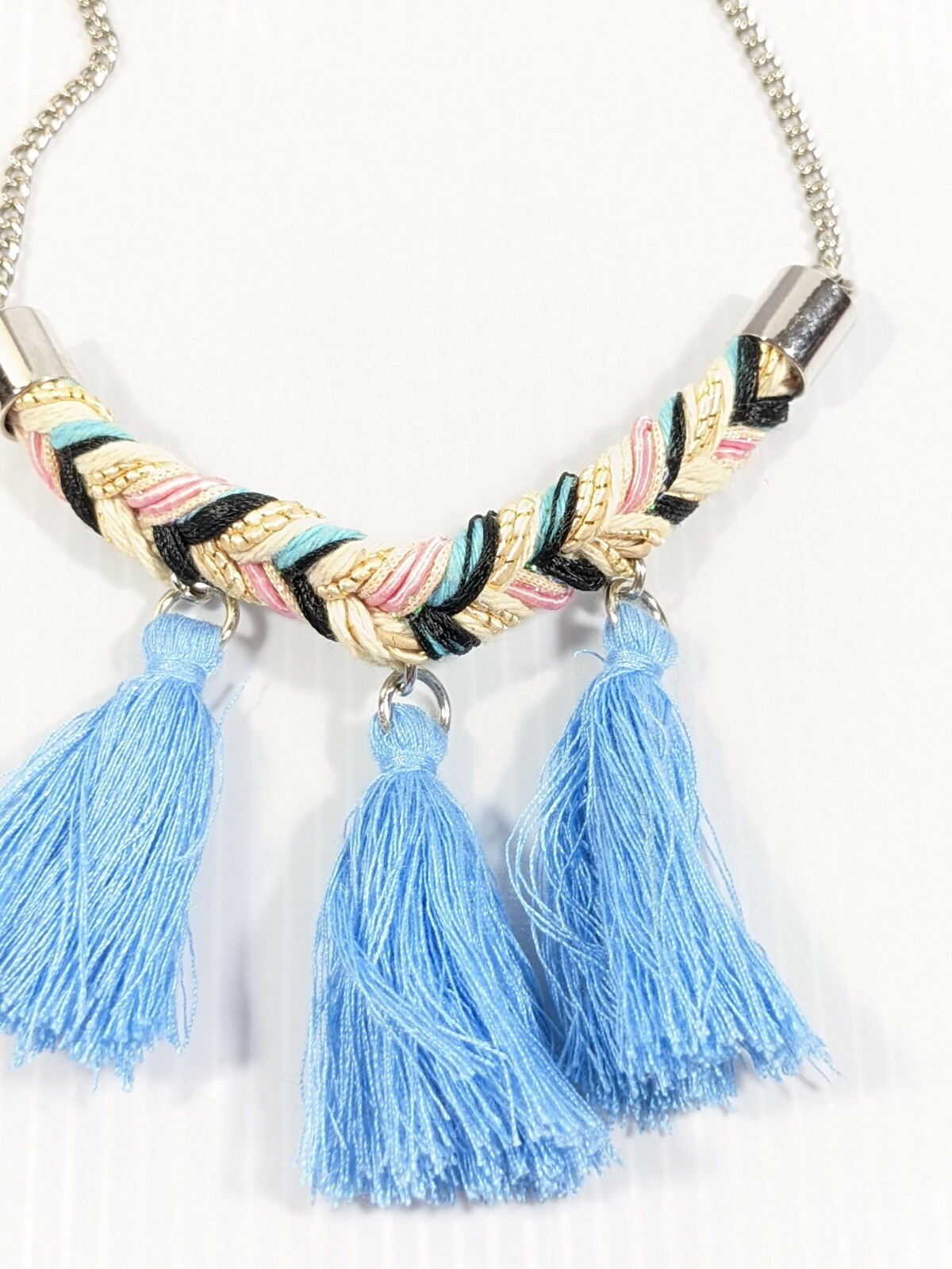 Silver Tone Blue Tassel Black Ivory Pink Braided Cord Necklace 25 inches