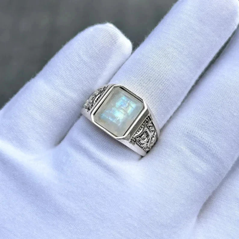 925 Sterling Silver Rainbow Moonstone Ring for Men Handmade Statement Ring