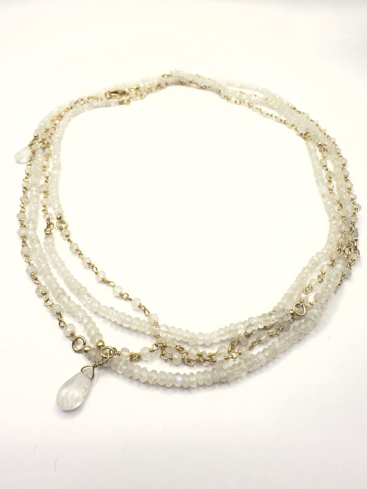 Sterling Silver 72” Hand Wire Wrapped Rainbow Moonstone Bead Necklace