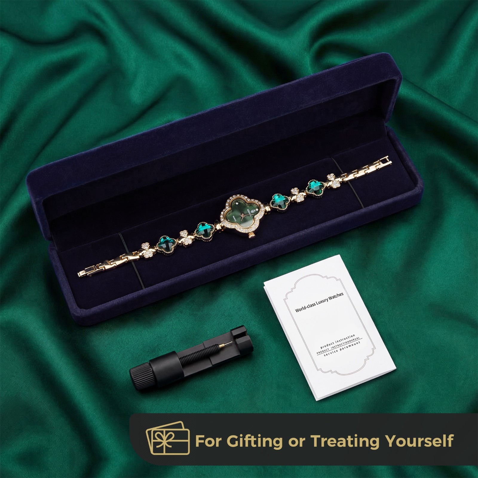 VORSEL Luxury Gold Bracelet Watch for Women Quatrefoil-Shaped Green Dial