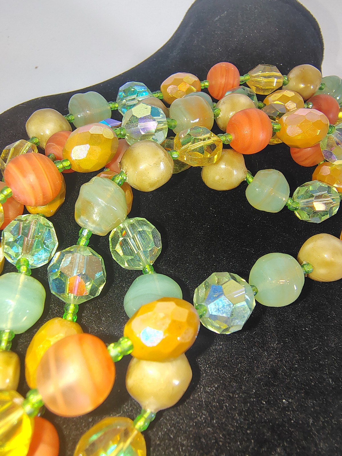 Vintage 3 Strand Glass & Early Plastic Bead Necklace UV Reactive 18″ 114g
