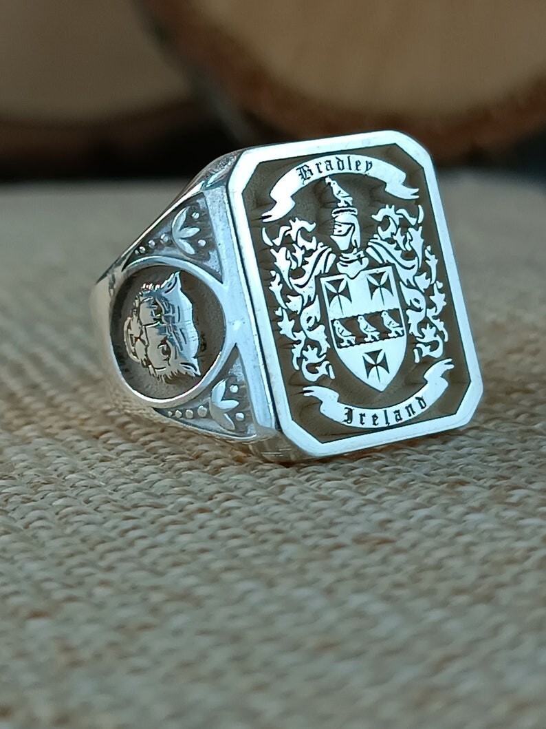 Custom Engraved Family Crest Ring, Personalized Coat of Arms Jewelry