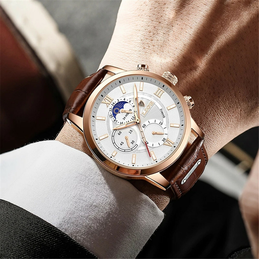 LIGE Men Watch Brown Leather Casual Business Male Calendar Wristwatch