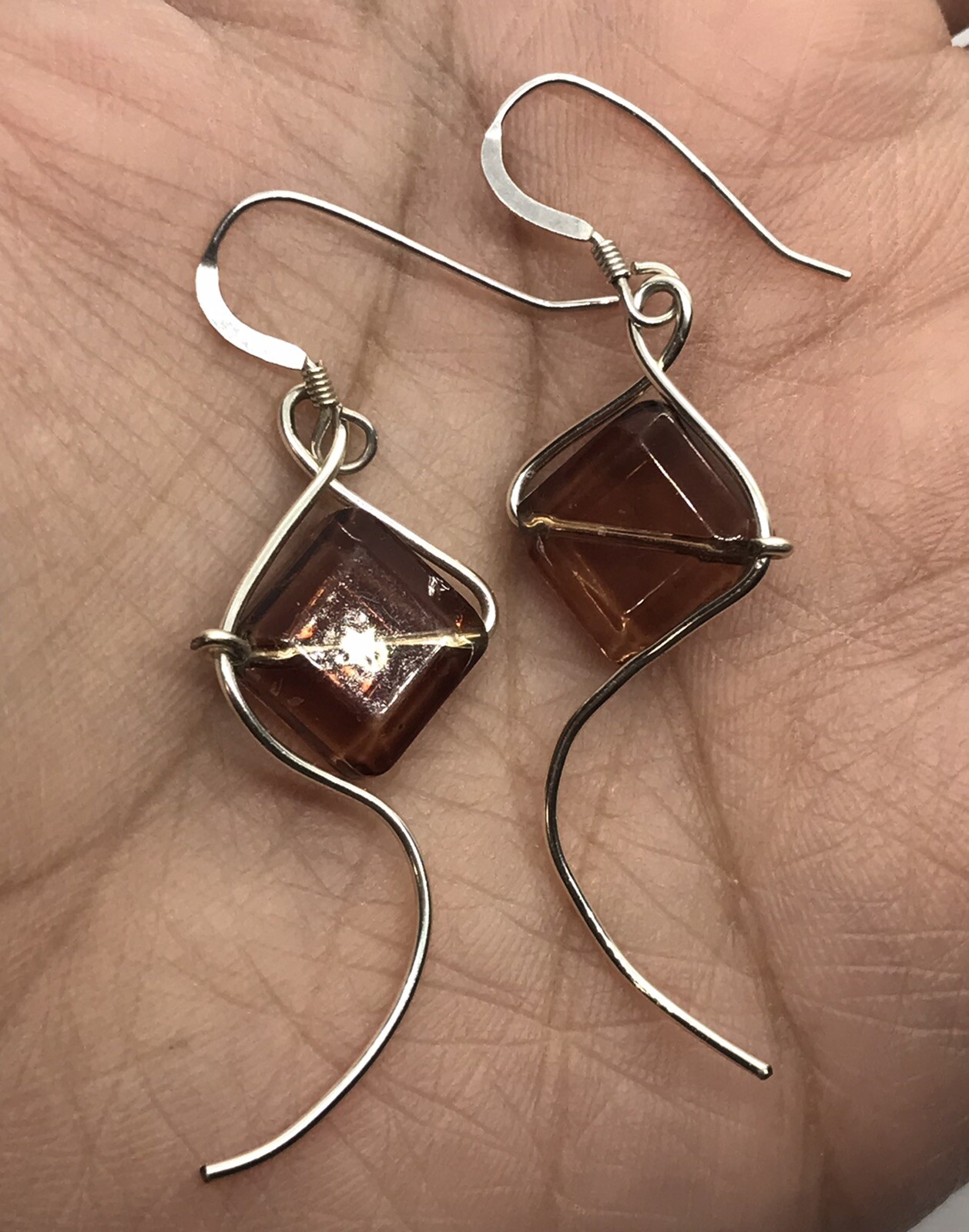 Sterling Silver 925 Rhombus Brown Glass & Wire Art earrings Kite Like