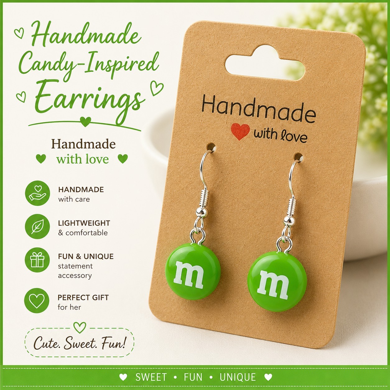 Handmade Green Candy-Inspired Dangle Earrings | Cute Sweet Treat Novelty Jewelry