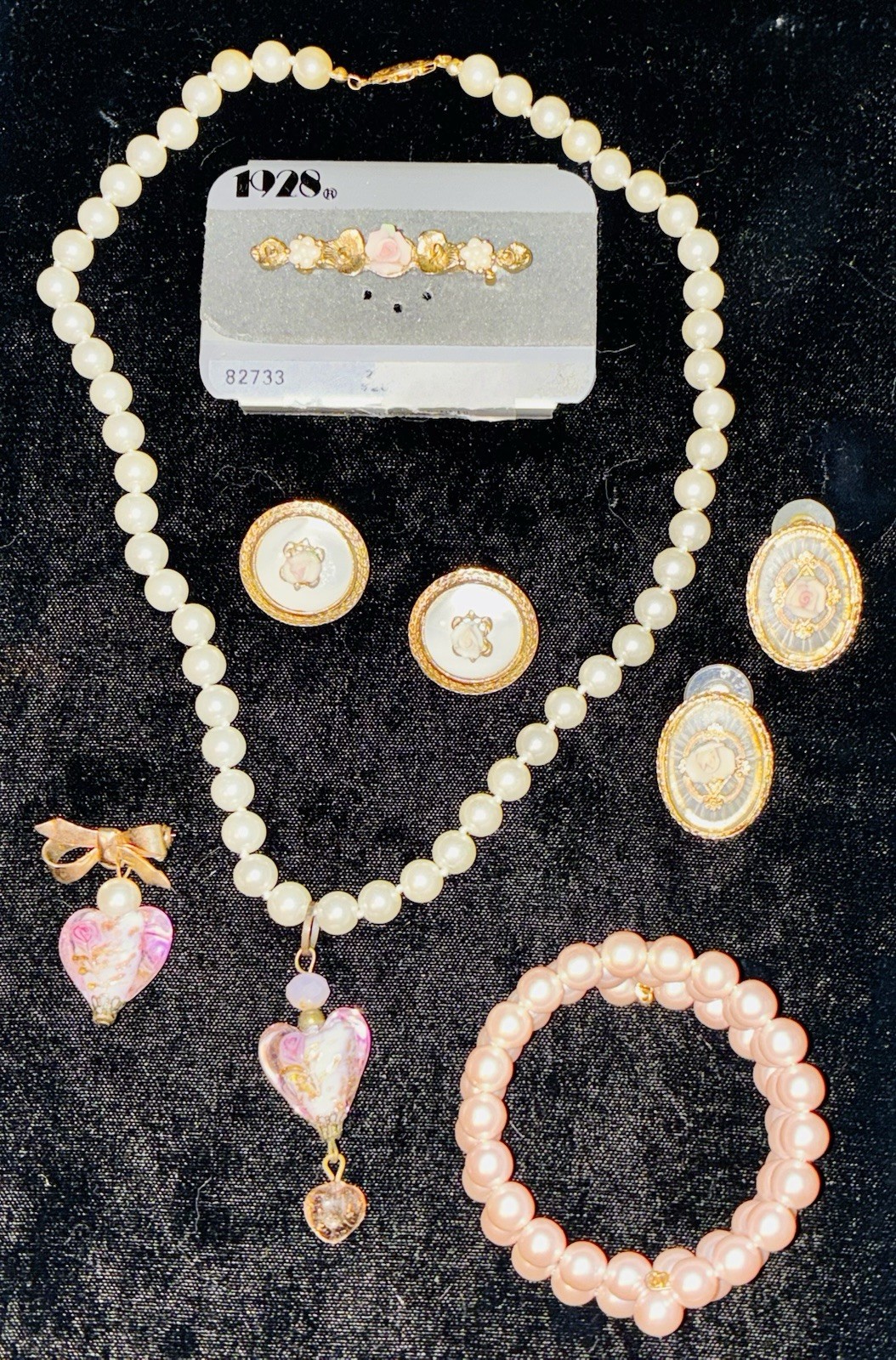 Vintage Romantic Jewelry Lot 1928 NOS Brooch Rose Earrings Pearls Necklace Etc