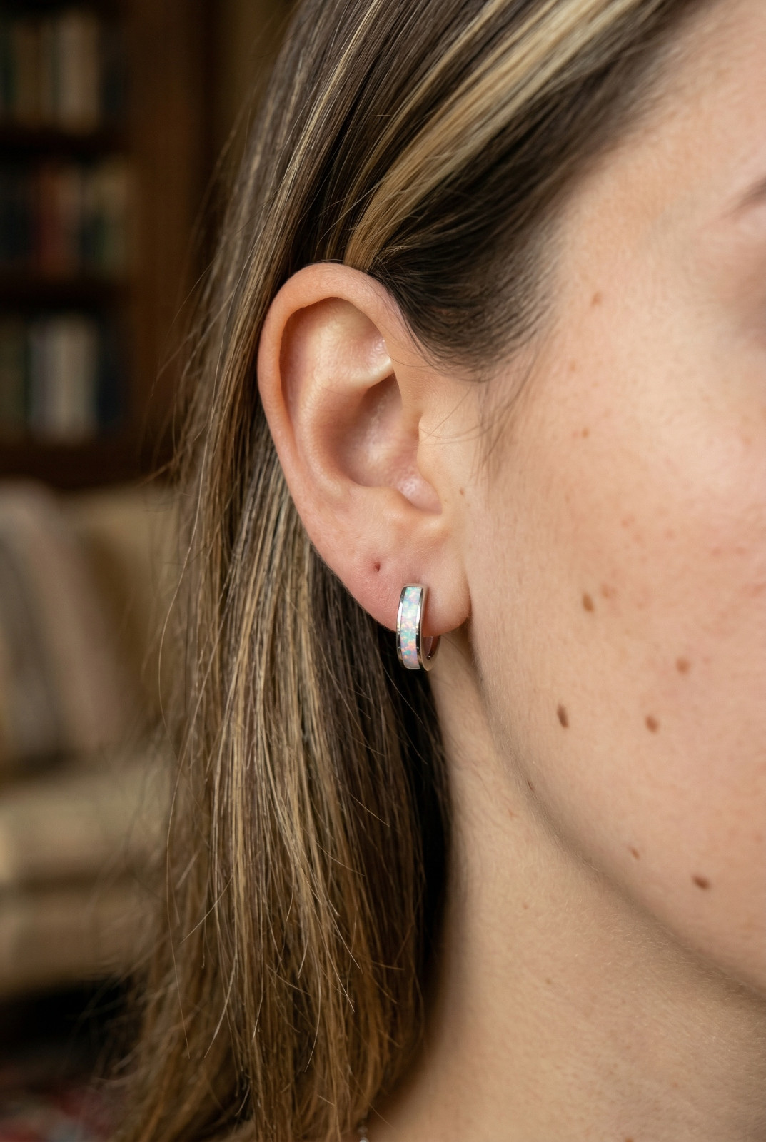 Opal Hoop Earrings | Elegant Silver Opal Huggie Set | Everyday White & Blue Opal