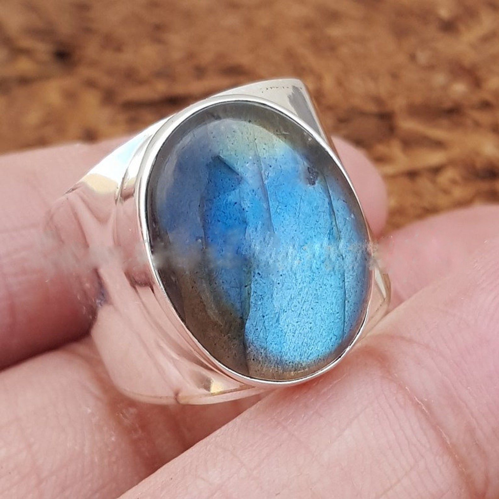 Solid 925 Sterling Silver Natural Blue Labradorite Gemstone Men’s Unisex Ring