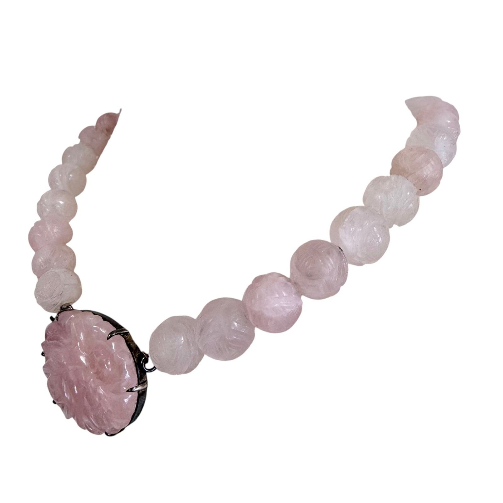 Vintage Carved Rose Quartz & Sterling Silver Statement Necklace