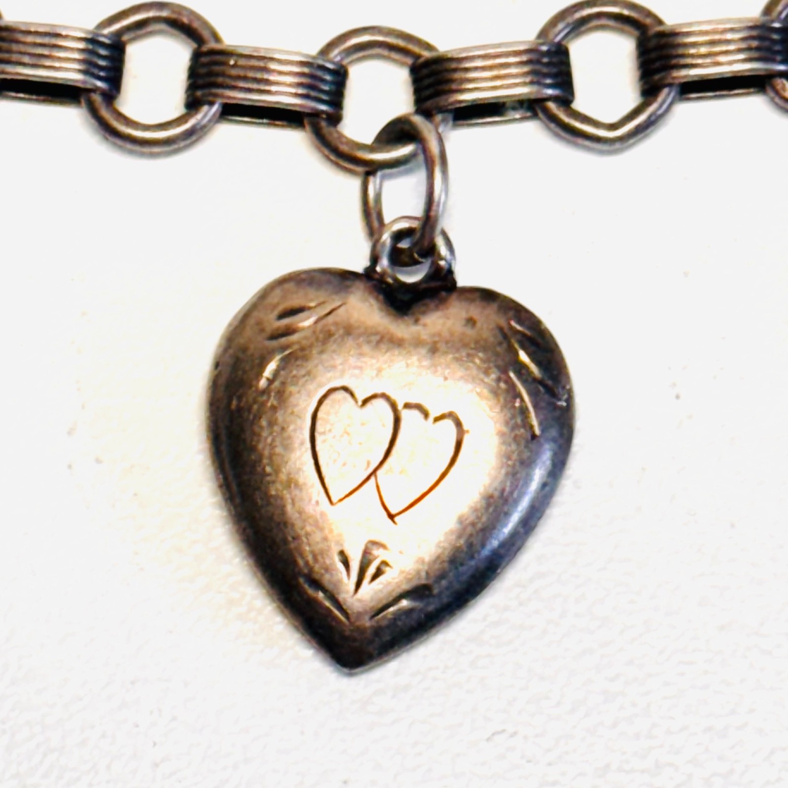 WALTER LAMPL Sterling silver bracelet puffy heart charm lock engraved vint 14.9g