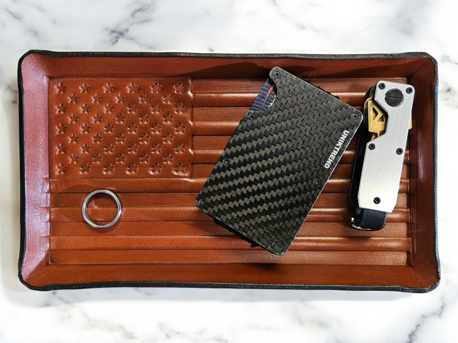 Leather valet tray. Formed leather, American flag , organizer, catchall tray