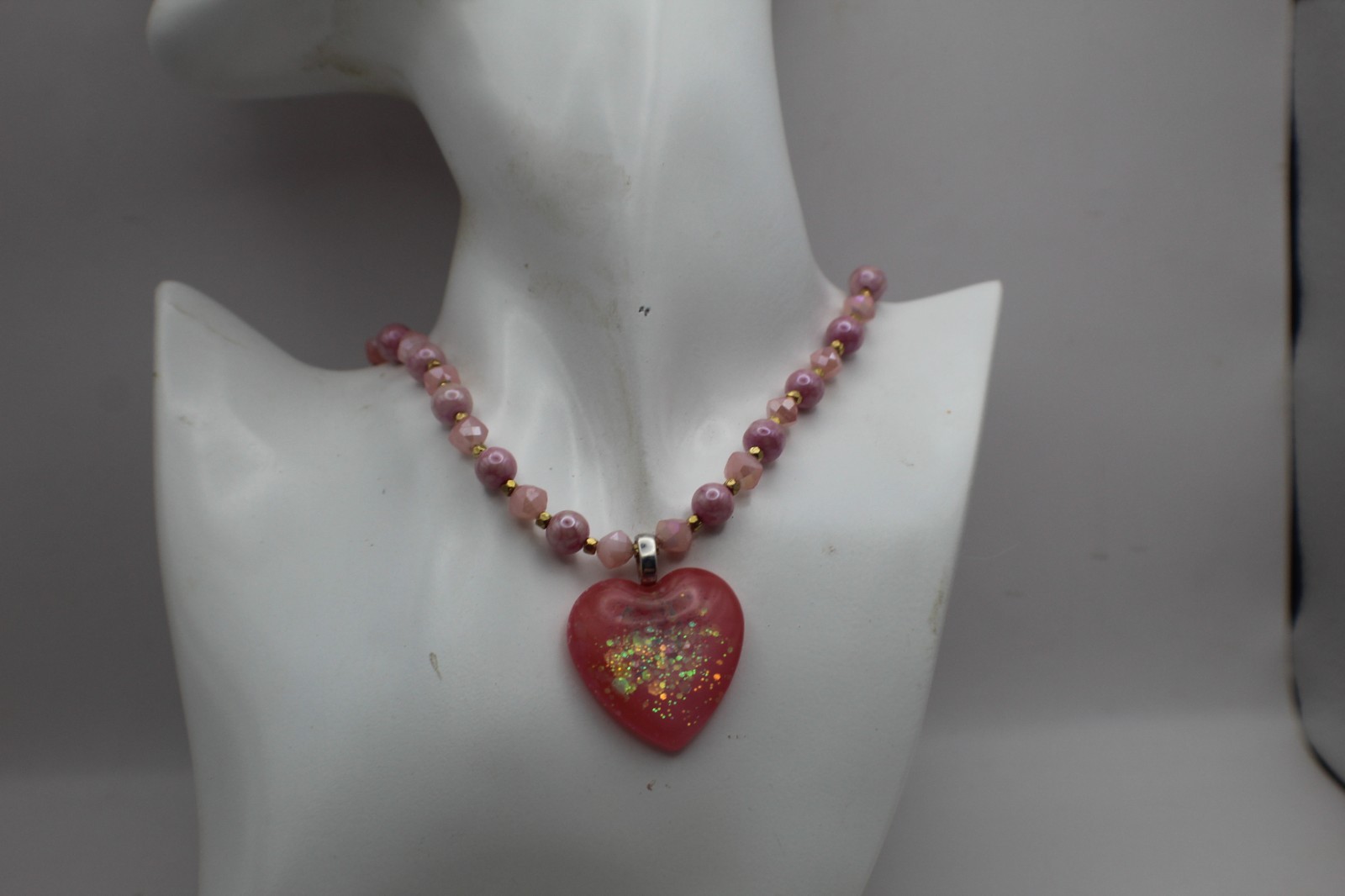 Beautiful Pink Resin Heart Shaped Pendant On A Matching Beaded Necklace