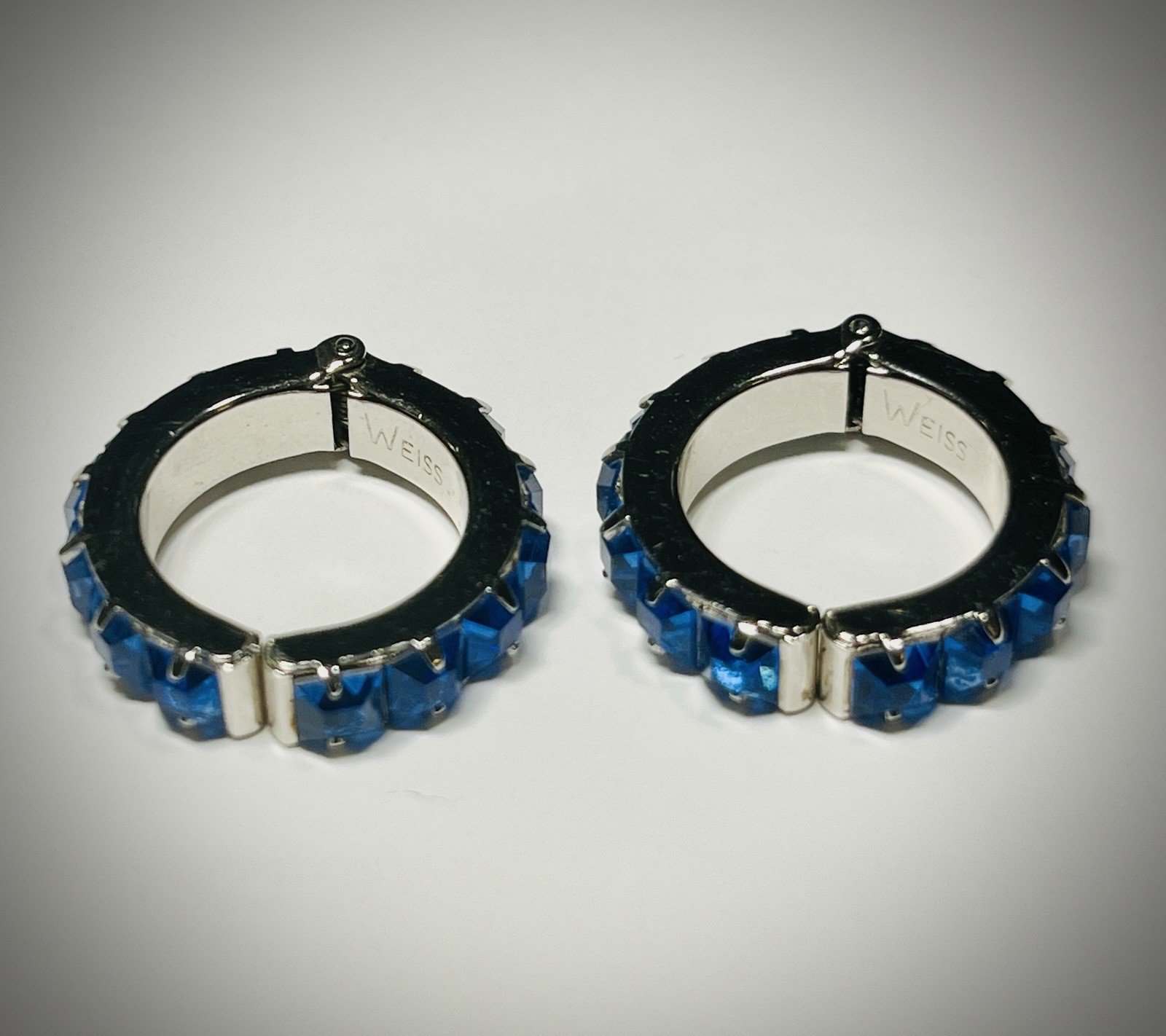 Signed WEISS Sapphire Blue Rhinestone Clip-on Small Hoop Earrings, 1950s