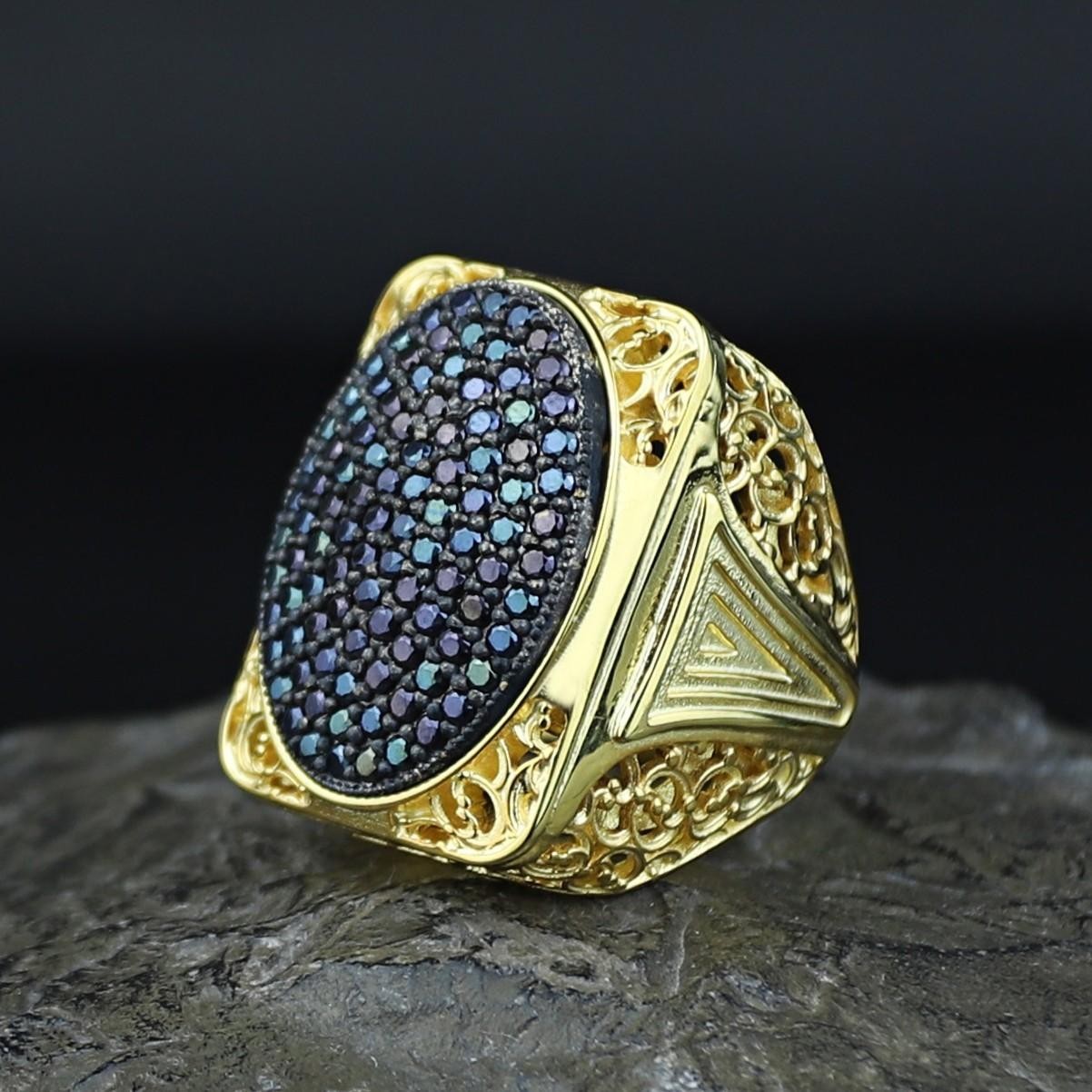 925 Men Silver Gold Black Onyx Handmade Big Ring Men Sterling Silver Ring