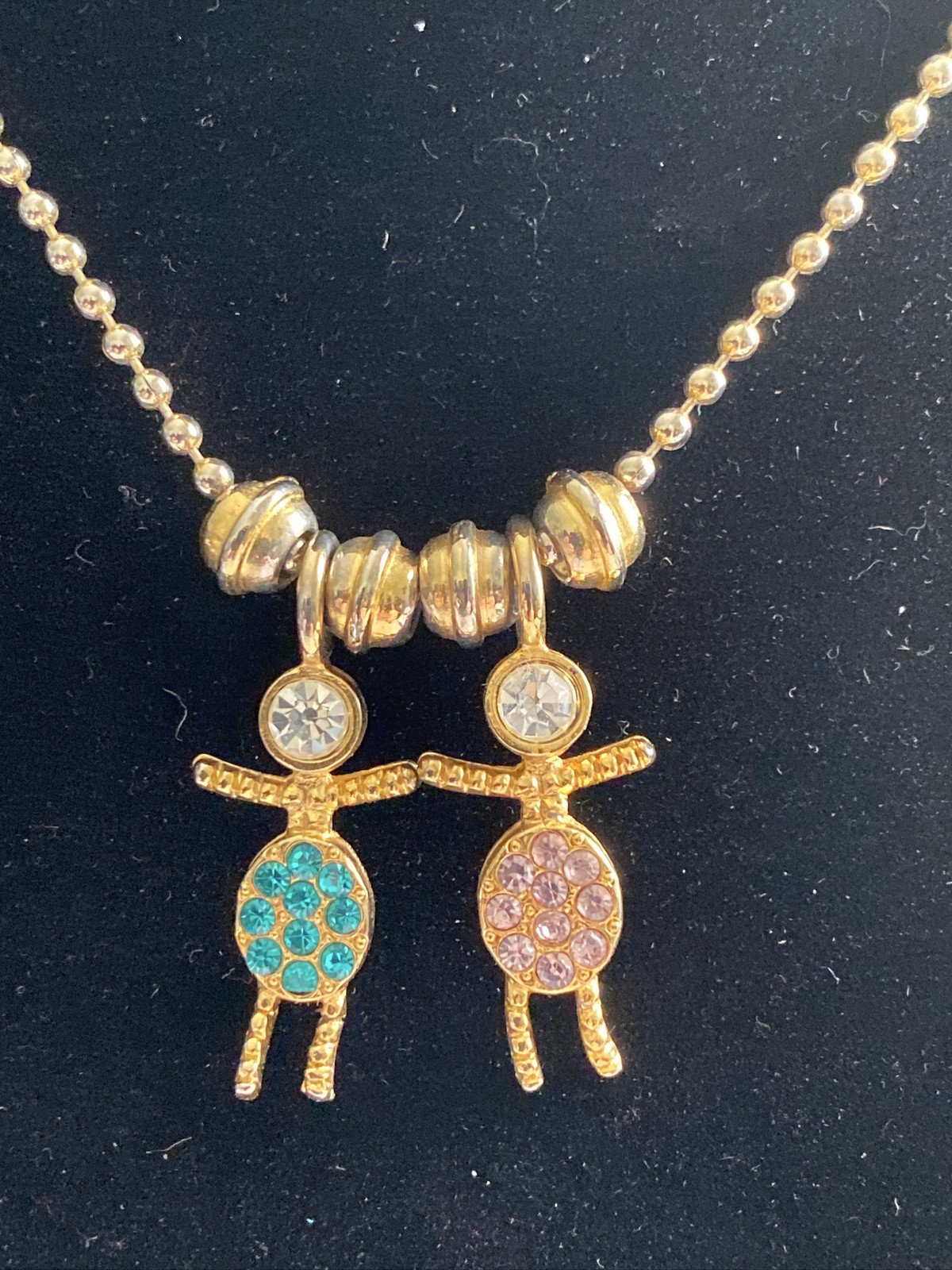 Little People Charm Necklace 32”Chain 16.04g GoldTone Birthstone Pink Green 25mm