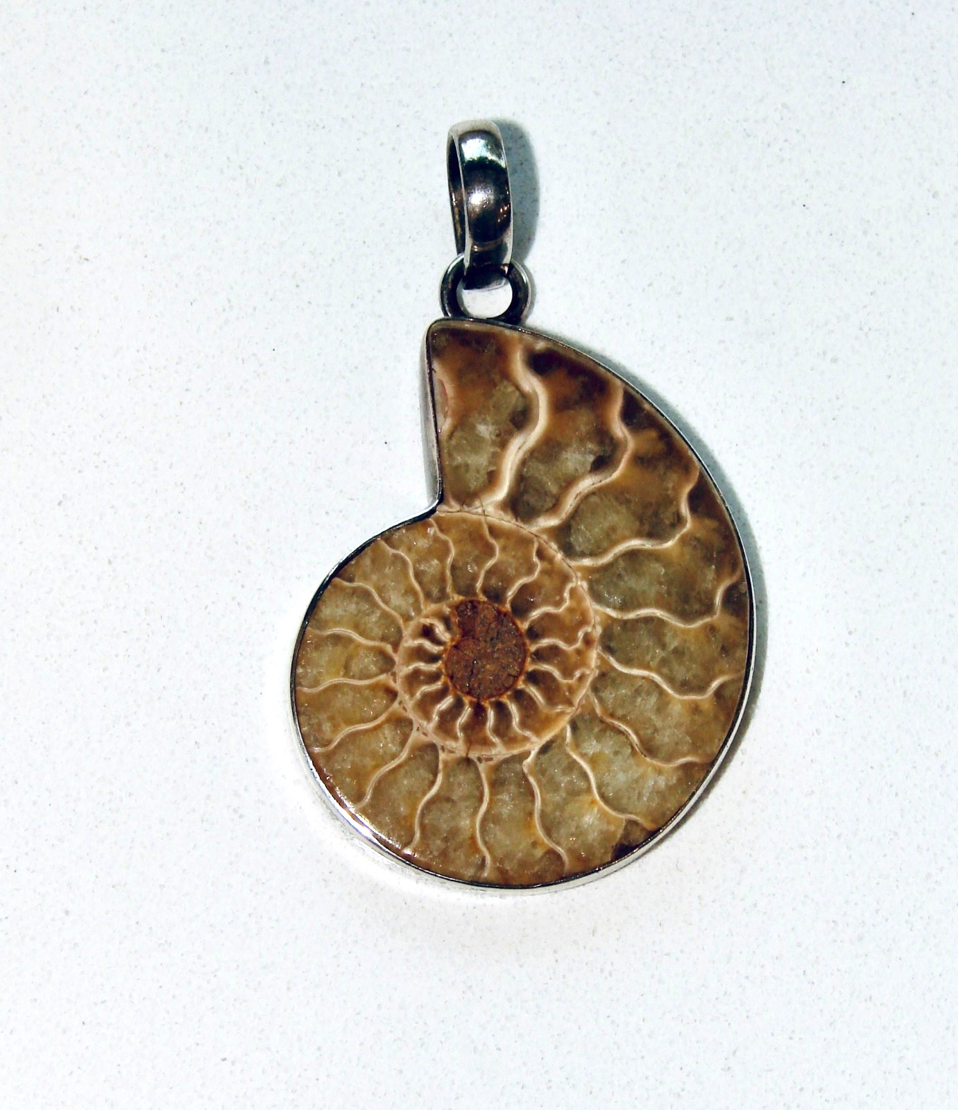 SAJEN 925 STERLING SILVER 925 AMMONITE BROWN SHELL FOSSIL 2.25” PENDANT SJ