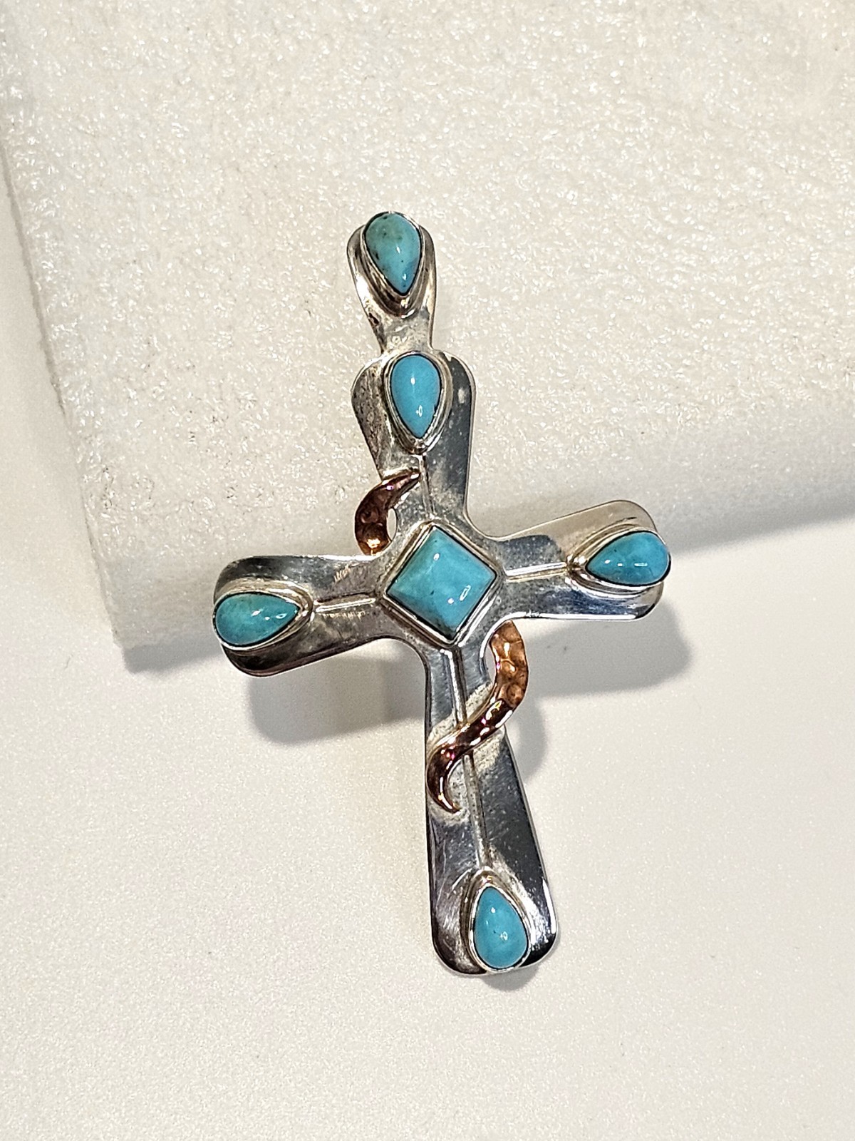 Jay King sterling silver turquoise cross pendant copper detail signed DTR