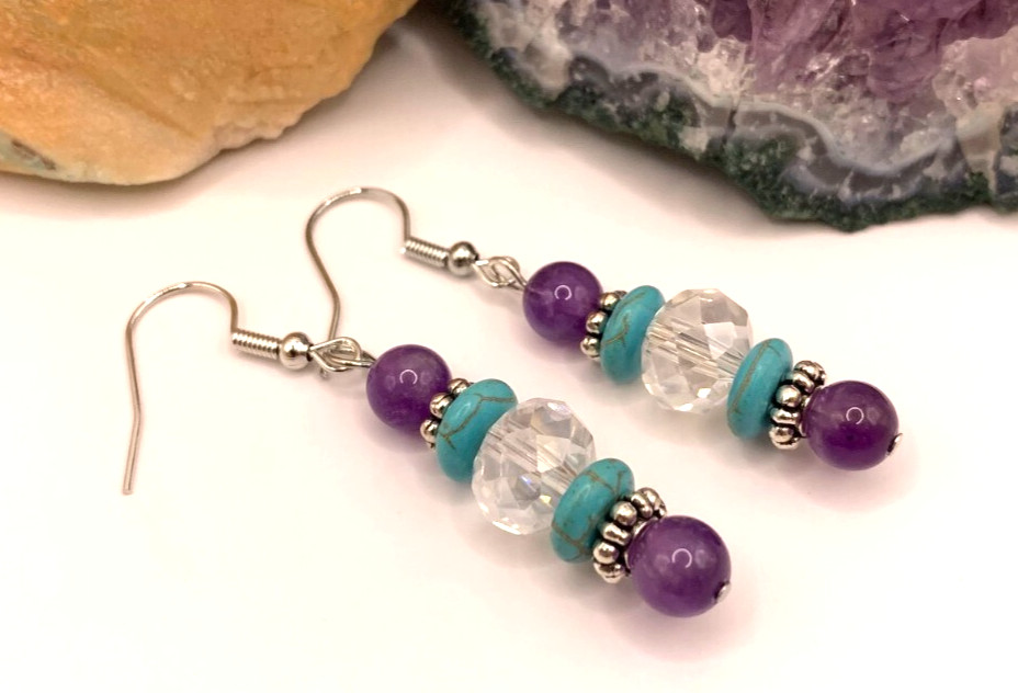 Amethyst Turquoise Austrian Crystal Handmade Pierced Earrings LR132