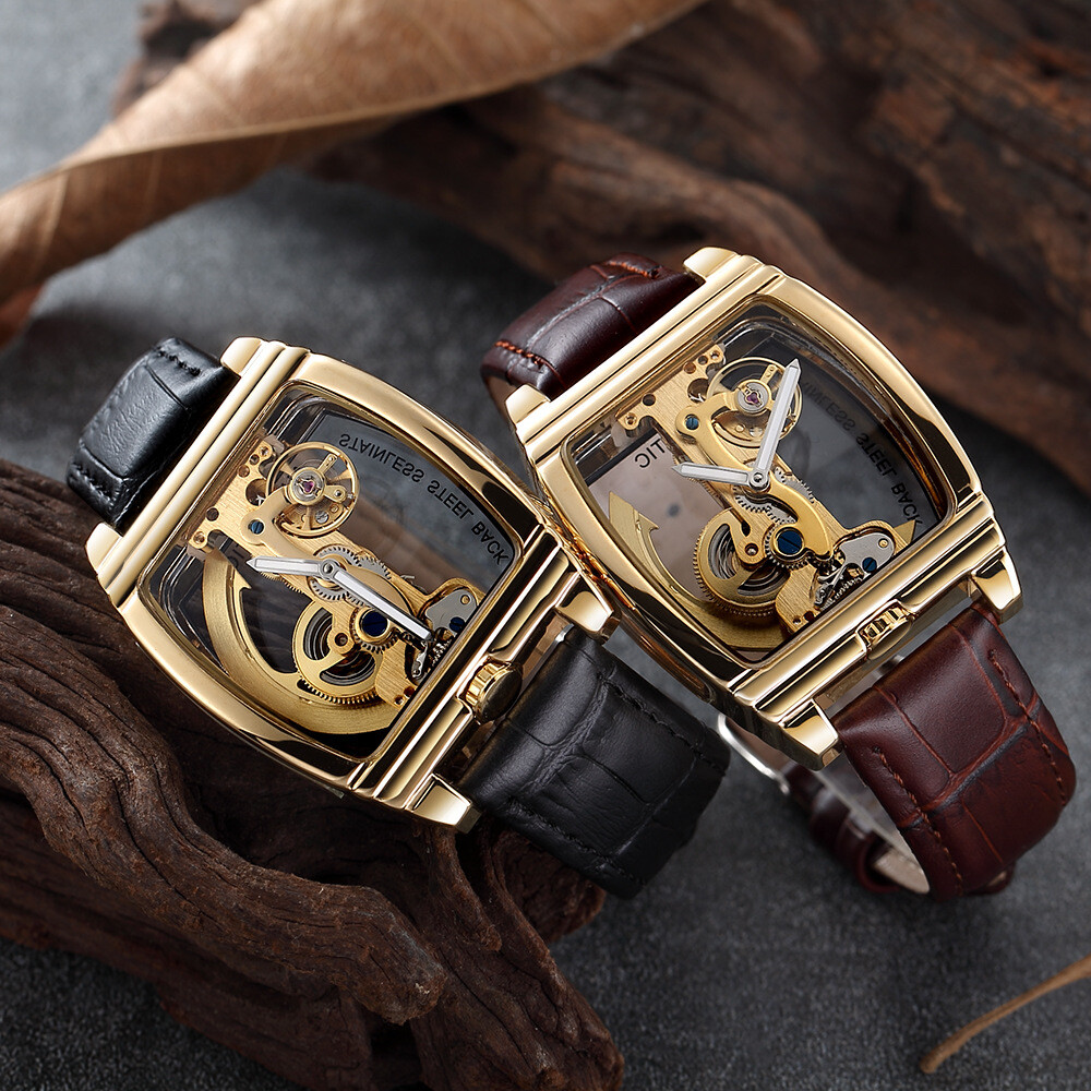 SHENHUA Mens Luxury Automatic Mechanical Transparent Skeleton Self-wind Watch