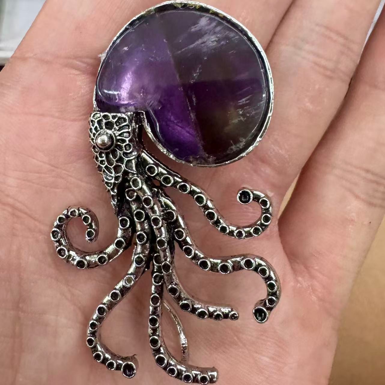 Natural Amethyst Tibetan Silver Octopus Pendant Bead mm D269