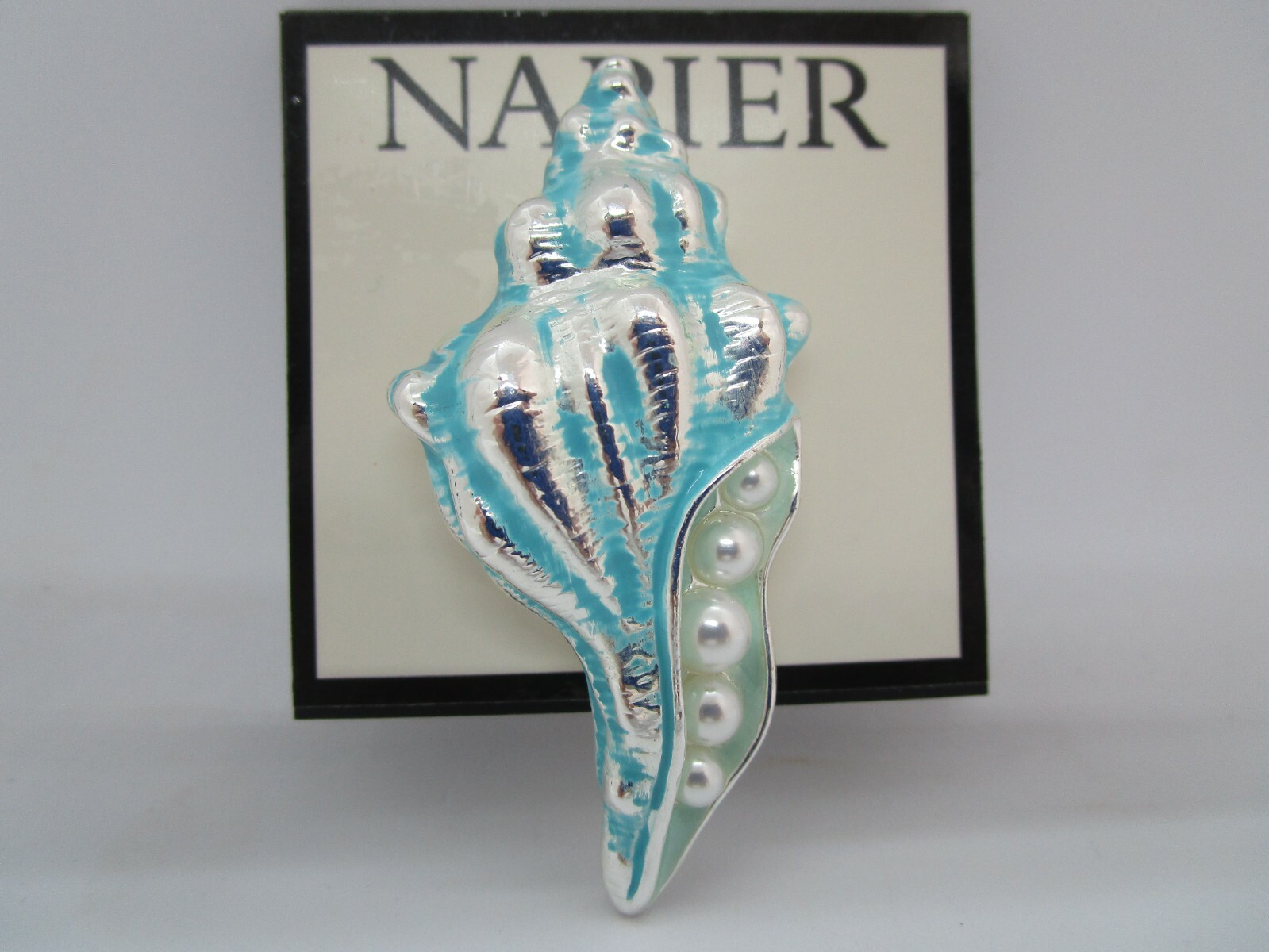Napier Brooch Aqua Blue CouchShell Pearl Like Stones with Silvertone Accents