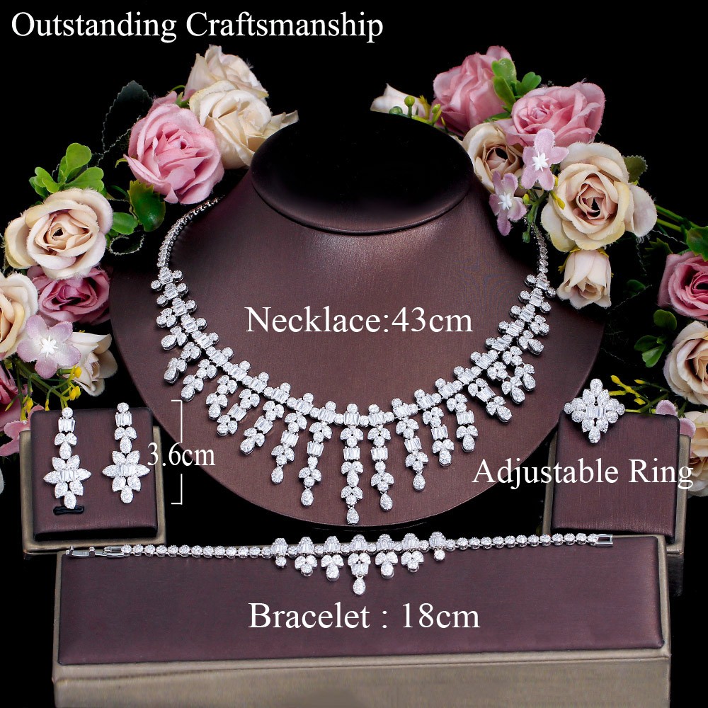 Silver Plated Long Leaf Drop Necklace Earring Bracelet Ring CZ Bride Jewelry Set